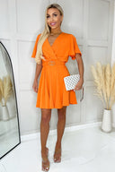 Blood Orange Belted Wrap Over Short Sleeve Skater Dress