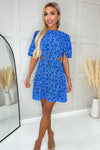 Blue Floral Printed Cut Out Round Neck Mini Dress