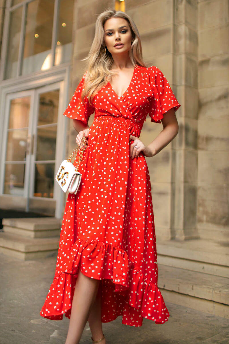 Red And White Polka Dot Printed High Low Midi Dress – AX Paris