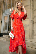 Red And White Polka Dot Printed High Low Midi Dress