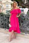 Hot Pink Bardot Style Midi Dress