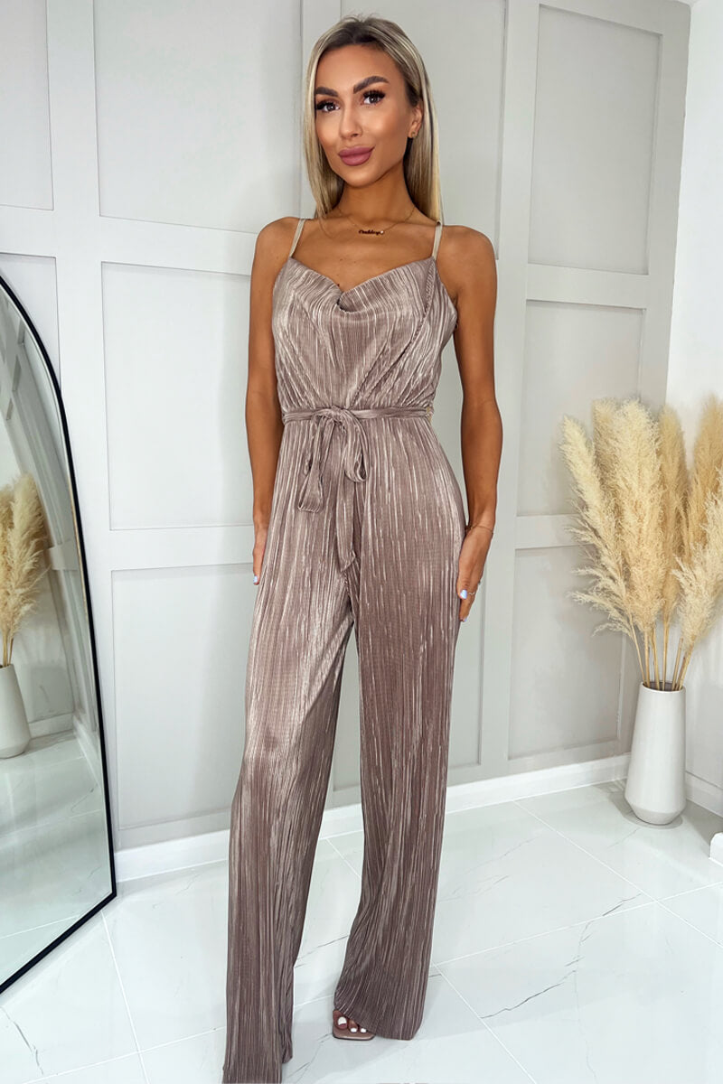 Taupe Plisse Cowl Neck Jumpsuit