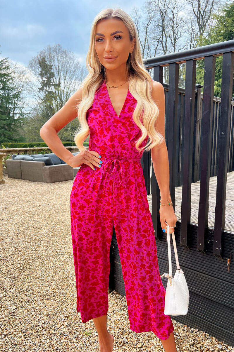 Pink And Red Floral Printed Tie Front Jumpsuit - Main Image
