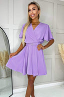 Lilac Wrap Over Belted Skater Dress With Short Sleeves