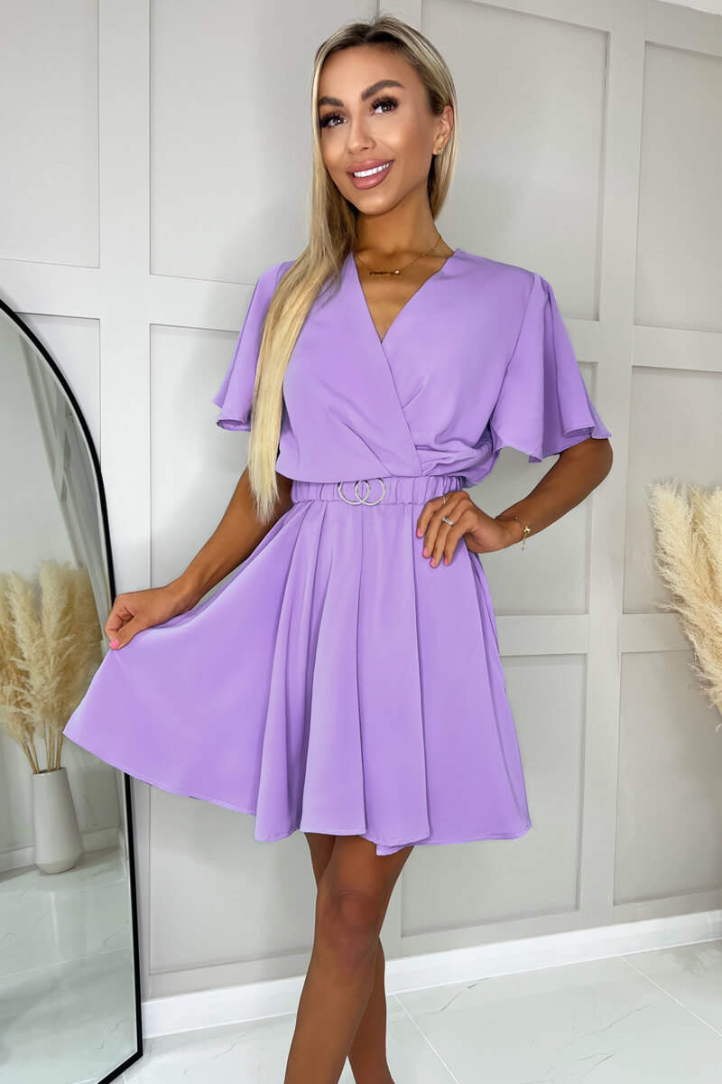 Lilac Wrap Over Belted Skater Dress With Short Sleeves