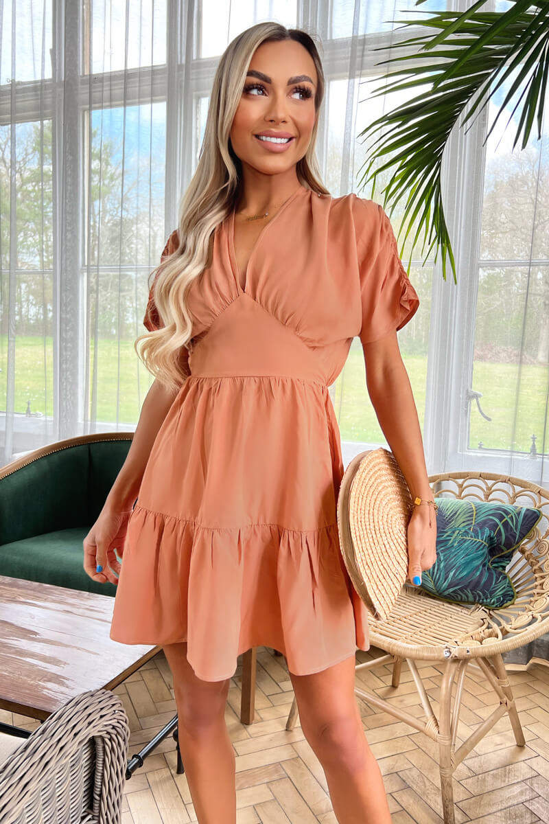 Terracotta Short Sleeve Tie Back V Neck Mini Dress – AX Paris