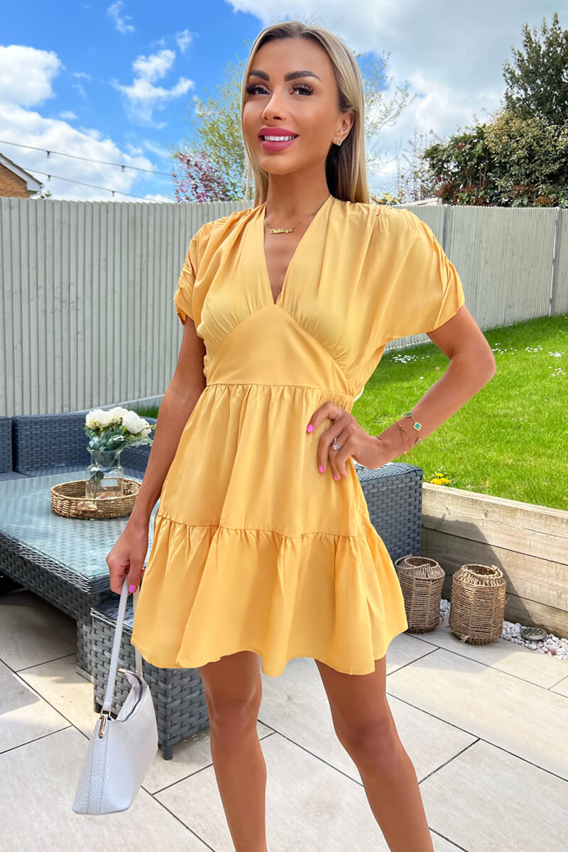 Yellow Cap Sleeve Summer Dresses Uk Yellow Short Sleeve Tie Back V Neck  Mini Dress – AX Paris