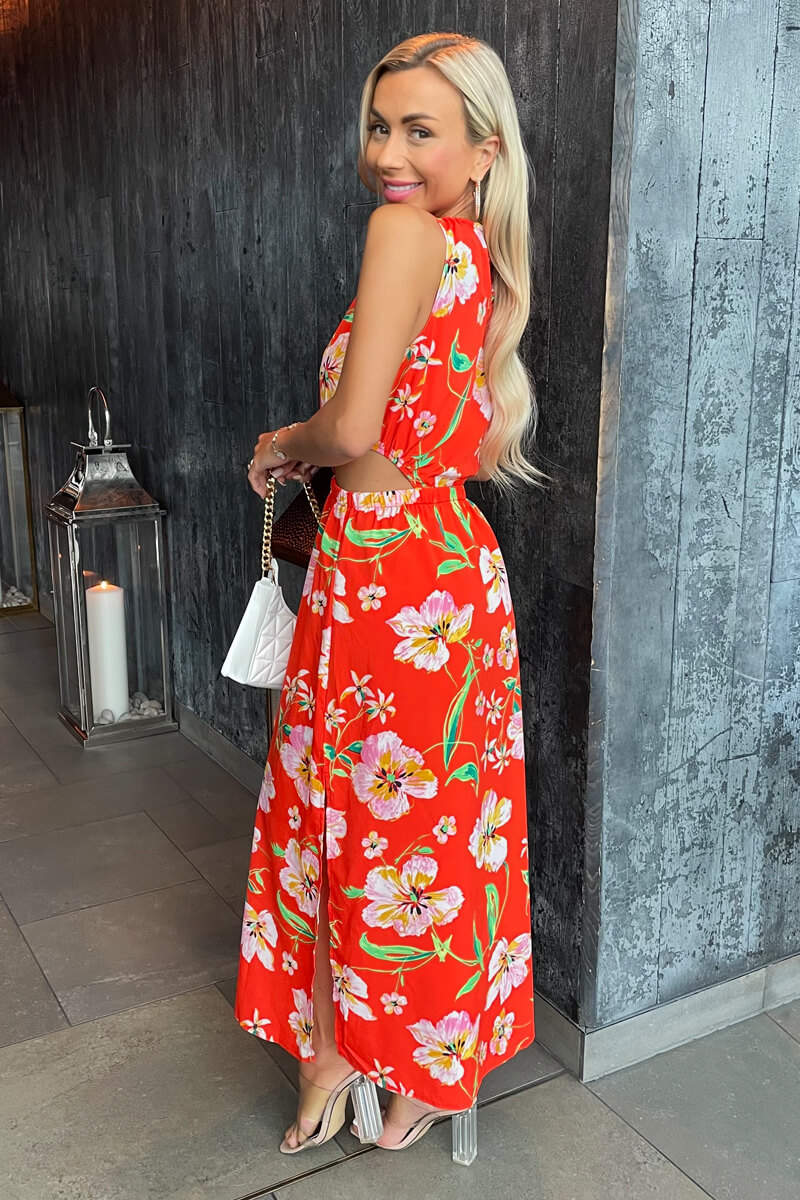 Orange Floral Cut Out Waist Midi Dress AX Paris Orange Floral Cut Out Waist Midi Dress AX Paris