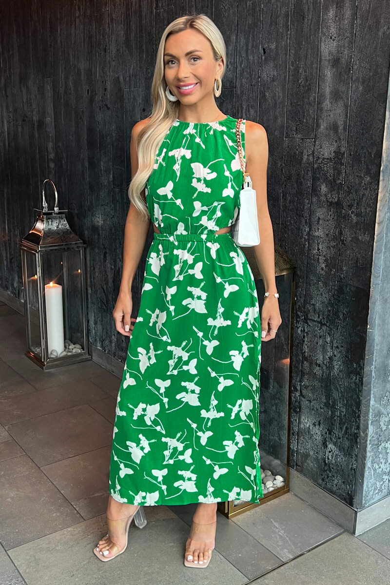 Green And White Floral Printed Cut Out Midi Dress AX Paris Green And White Floral Printed Cut Out Midi Dress AX Paris