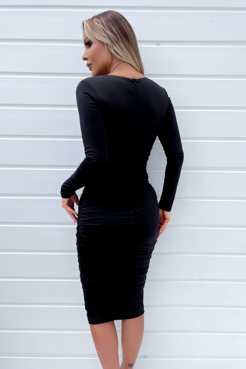 Black Long Sleeve Ruched Midi Bodycon Dress AX Paris Black Long Sleeve Ruched Midi Bodycon Dress AX Paris