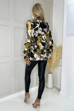 Multi Printed Long Sleeve Shirred Detail Top