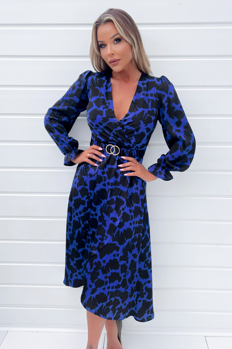 Cobalt And Black Print Long Sleeve Belted Wrap Midi Dress – AX Paris
