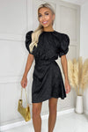 Black Animal Print Short Puff Sleeve Satin Mini Dress