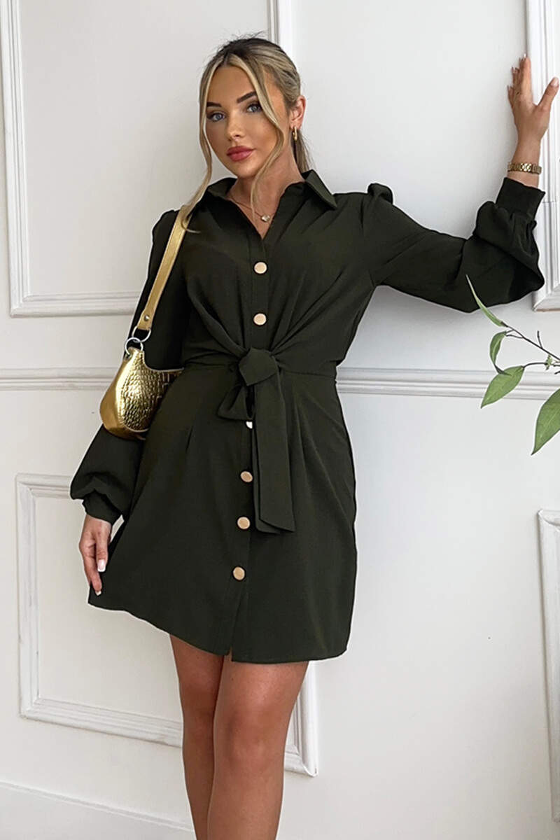 long-sleeve tie-front mini shirt dress Olive Button Tie Front Mini Shirt Dress – AX Paris