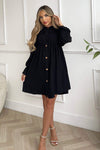 Black Long Sleeve Gathered Detail Button Front Dress