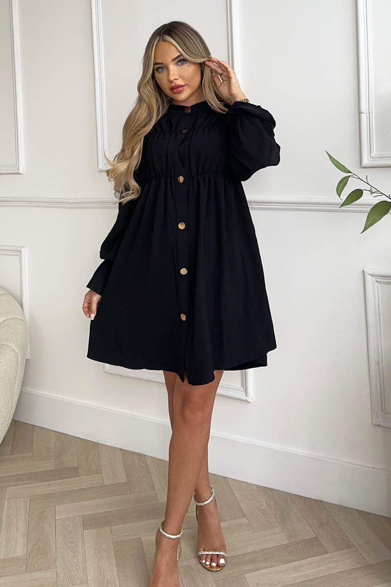 Black Long Sleeve Gathered Detail Button Front Dress AX Paris Black Long Sleeve Gathered Detail Button Front Dress AX Paris