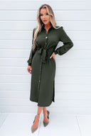 Olive Button Front Tie Shirt Midi Dress