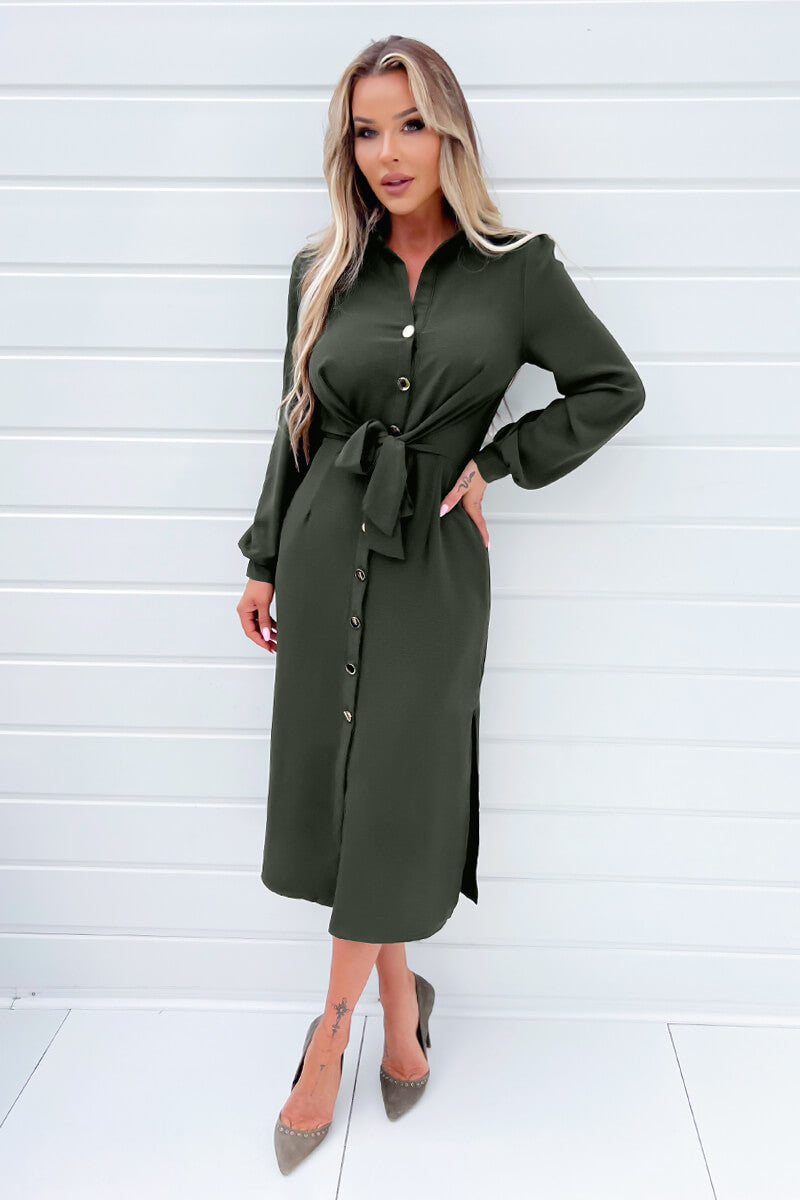 Olive Button Front Tie Shirt Midi Dress