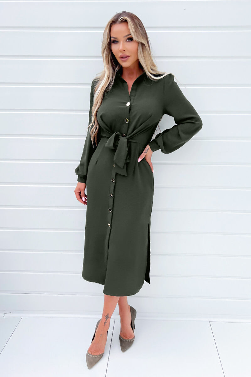 Olive Button Front Tie Shirt Midi Dress AX Paris Olive Button Front Tie Shirt Midi Dress AX Paris