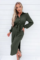 Olive Button Front Tie Shirt Midi Dress