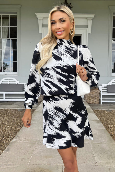 Black and White High Neck Long Sleeve Skater Dress