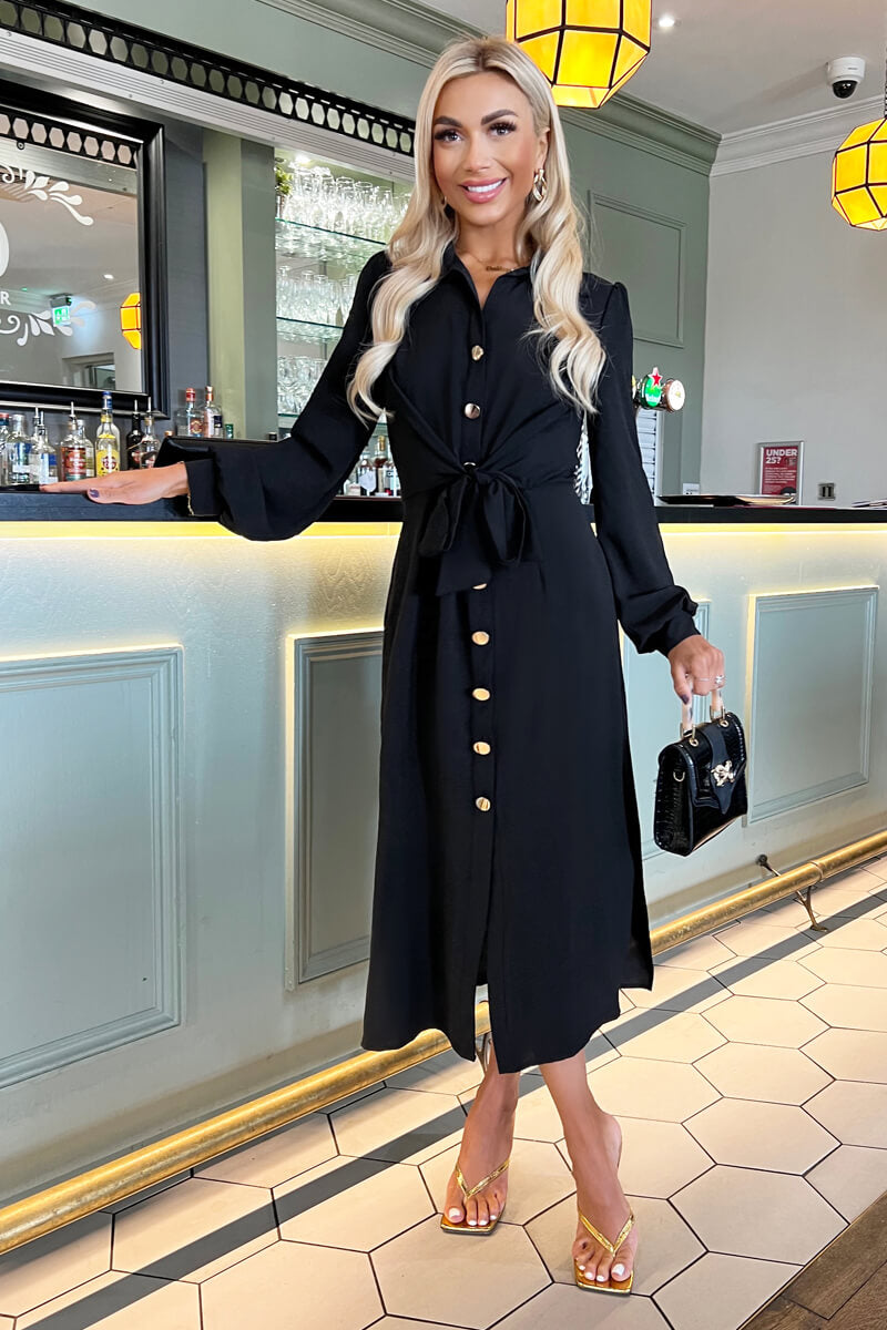 Black Button Front Tie Midi Shirt Dress – AX Paris