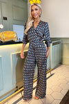 Multi Print 3/4 Length Sleeve Wrap Top Belted Jumpsuit