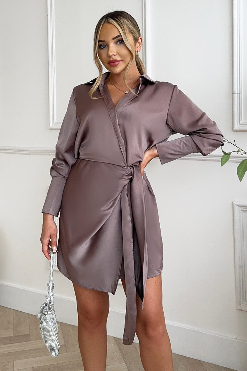Taupe Satin Wrap Long Sleeve Mini Dress - Main Image
