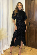 Black Jacquard Velvet Asymmetrical Hem High Neck Midi Dress
