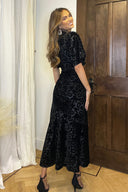 Black Jacquard Velvet Asymmetrical Hem High Neck Midi Dress