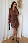 Chocolate Satin Wrap Long Sleeve Mini Dress