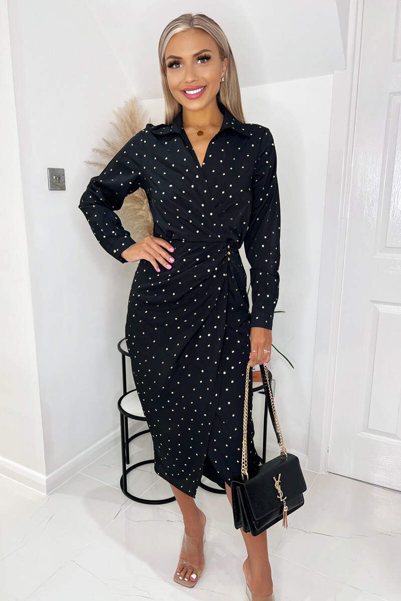 Black And Gold Polka Dot Gathered Midi Dress – AX Paris