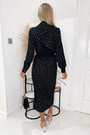 Black And Gold Polka Dot Gathered Midi Dress