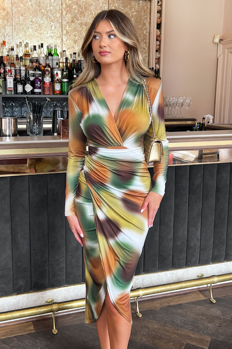 Khaki Printed Long Sleeve Wrap Midi Dress AX Paris Khaki Printed Long Sleeve Wrap Midi Dress AX Paris