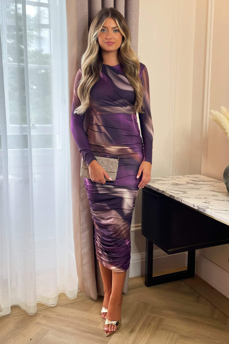 Plum Printed Long Sleeve Ruched Bodycon Midi Dress AX Paris Plum Printed Long Sleeve Ruched Bodycon Midi Dress AX Paris
