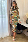Khaki Printed Long Sleeve Ruched Bodycon Midi Dress