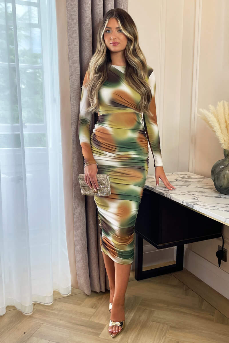 Khaki Printed Long Sleeve Ruched Bodycon Midi Dress AX Paris Khaki Printed Long Sleeve Ruched Bodycon Midi Dress AX Paris
