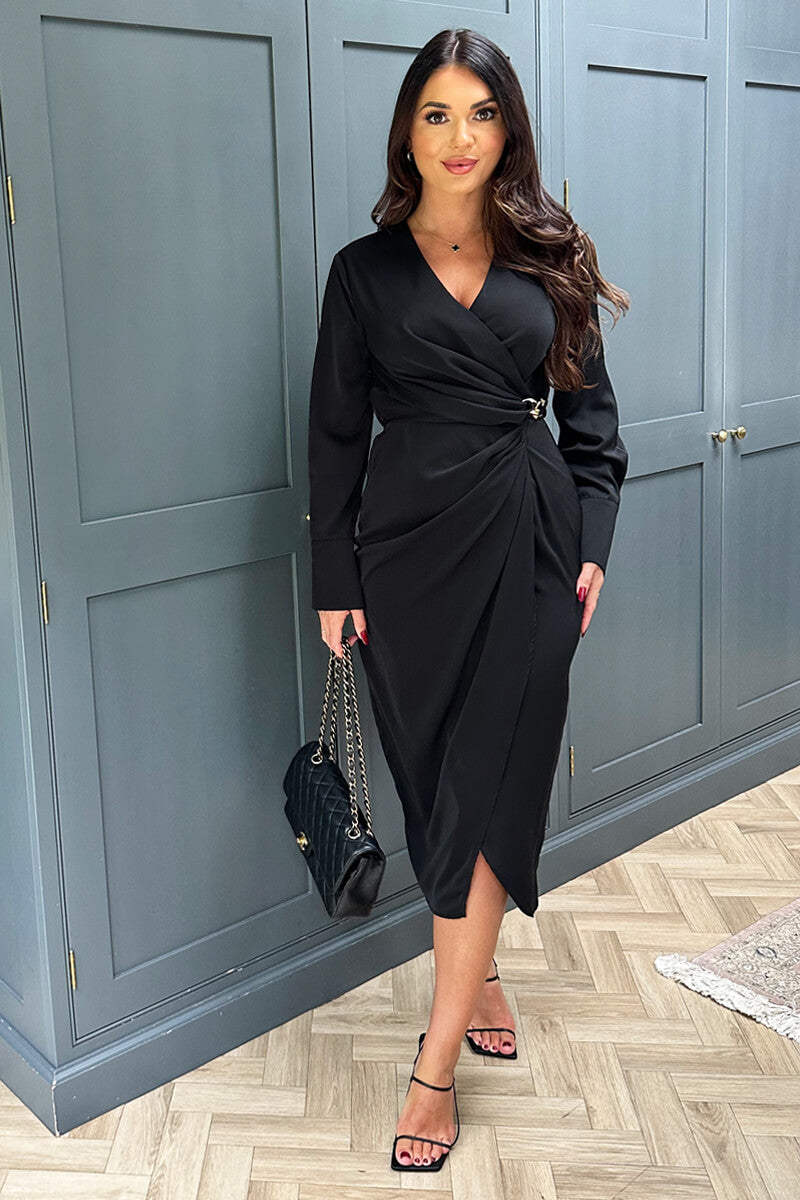 Black Wrap Gold Buckle Midi Dress AX Paris Black Wrap Gold Buckle Midi Dress AX Paris