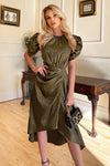 Olive Animal Print Puff Sleeve Satin Midi Dress