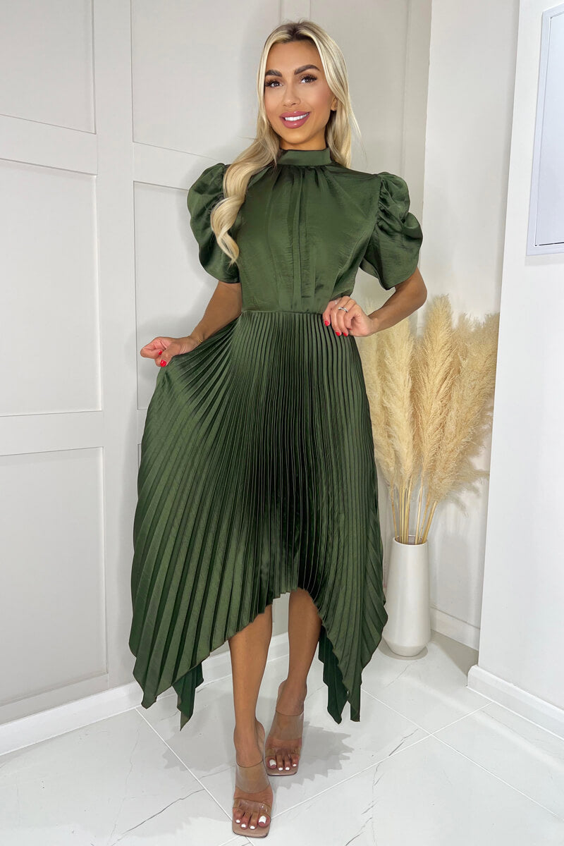 Olive High Neck Puff Sleeve Zig Zag Hem Pleated Midi Dress – AX Paris
