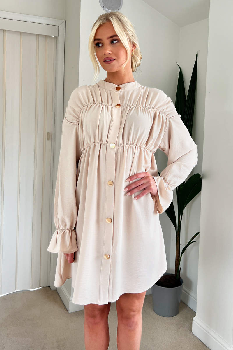 Stone Long Sleeve Gathered Detail Button Front Dress AX Paris Stone Long Sleeve Gathered Detail Button Front Dress AX Paris