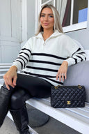 Cream And Black Zip Front Striped Knitted Jumper