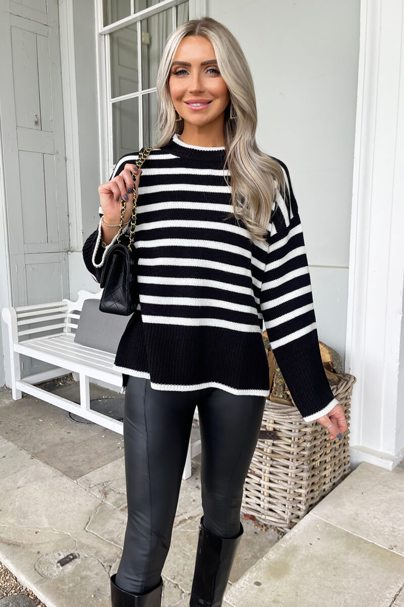 Black And Cream Striped Block Hem Jumper – AX Paris