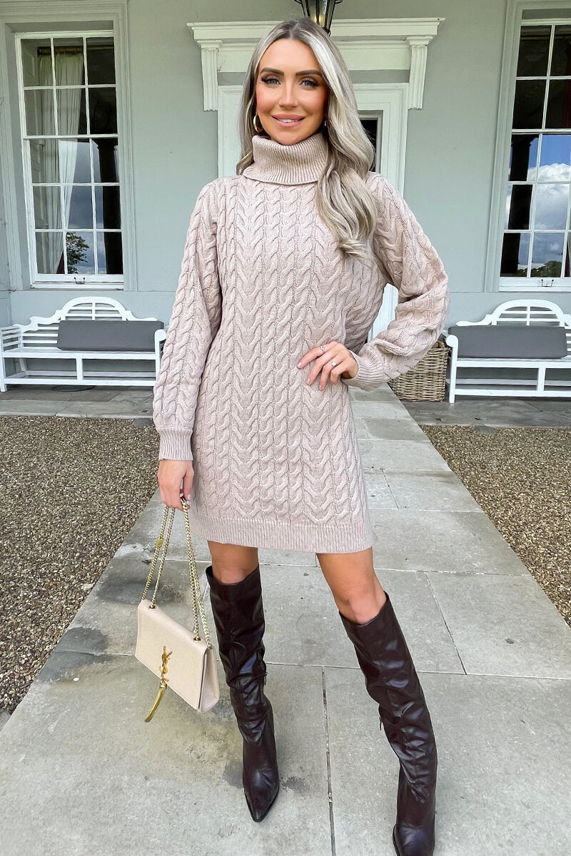 Oatmeal Roll Neck Cable Knit Dress – AX Paris