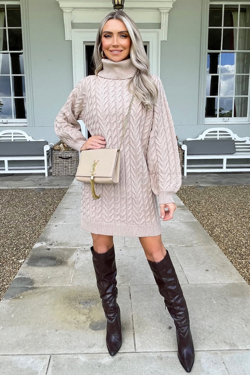 Oatmeal Roll Neck Cable Knit Dress AX Paris Oatmeal Roll Neck Cable Knit Dress AX Paris