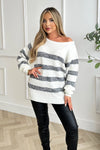 Cream And Grey Stripe Knitted Off The Shoulder Jumper