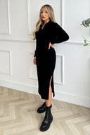 Black Knit Long Sleeve Collared Midi Dress
