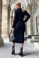 Black Knitted Button Front Midi Dress