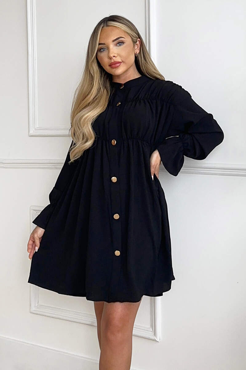 knee length dresses for ladies Black Long Sleeve Gathered Detail Button Front Dress AX Paris knee length dresses for ladies Black Long Sleeve Gathered Detail Button Front Dress AX Paris