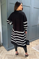 Black And Cream Stripe Knit Long Cardigan